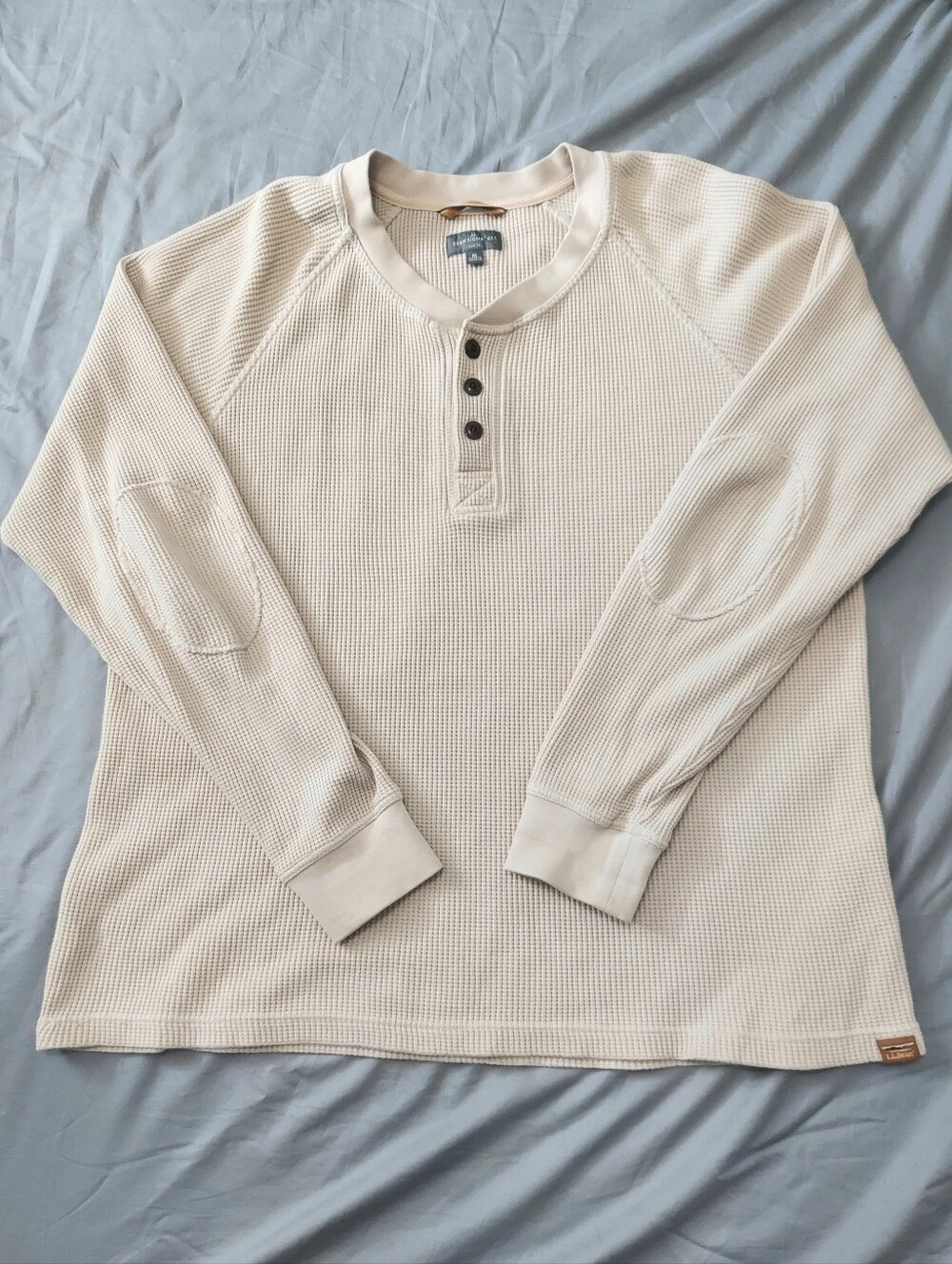 LL Bean Signature Waffle Henley Cream Long Sleeve Shirt Men XL